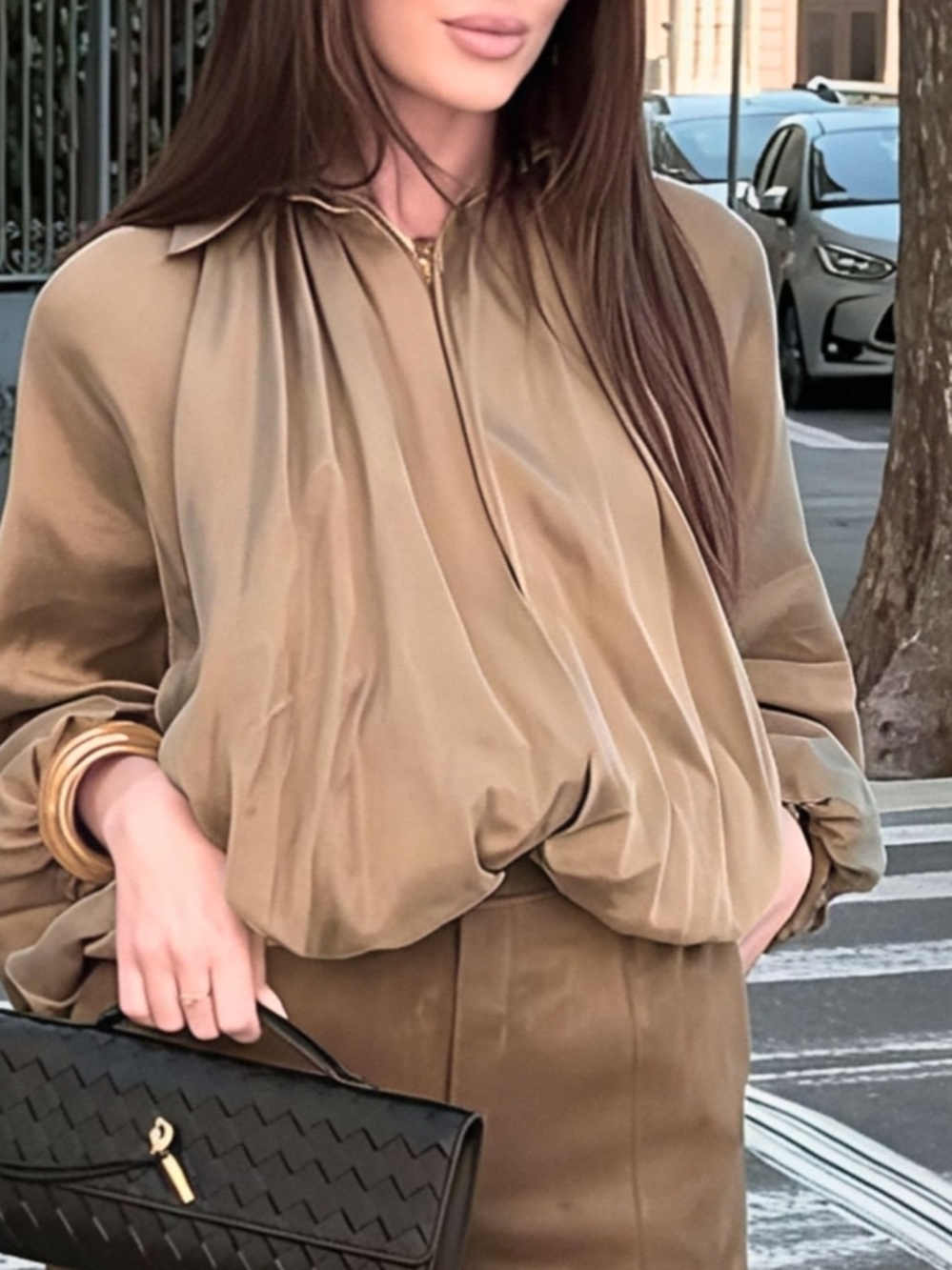 Satin-Look Puffed Bomber Jacket Oversized Streetwear Casual Batwing Sleeve Khaki